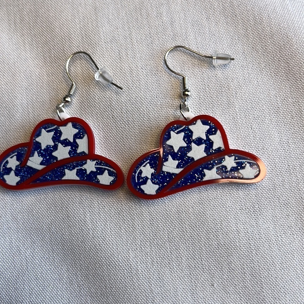 Patriotic Cowboy Hat Earrings Red White Blue Western Dangle Earrings